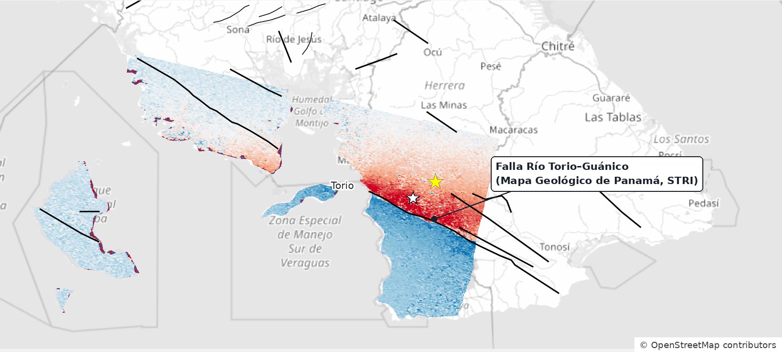 Fallas del Mapa Geológico de Panamá sobre el desplazamiento del terreno; la Falla Río Torio–Guánico coincide con la ruptura